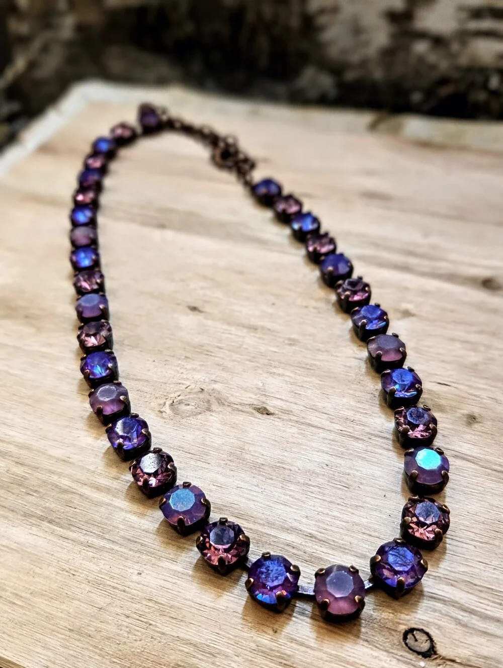 Purple Iris In Swarovski Crystals In Classic Tennis Necklacr In Brass